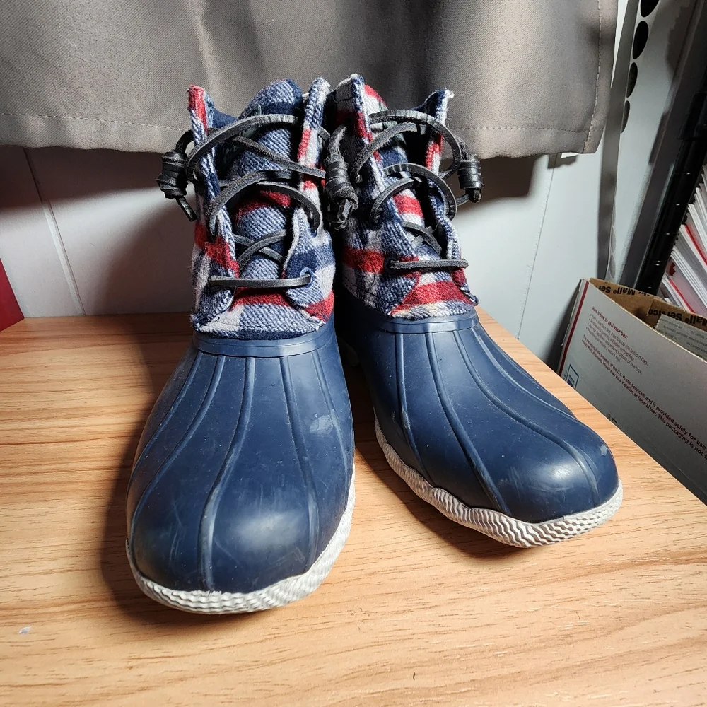 Sperry Plaid and Blue Duck Boots Size 6